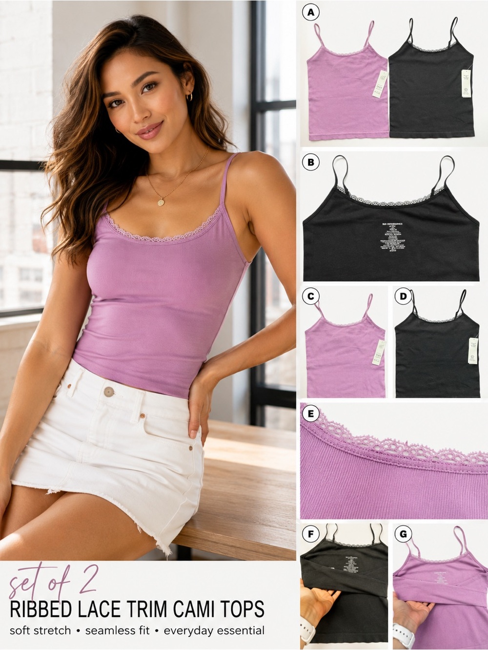 No Boundaries Women Cami Tank Top Set M 8-10 Lavender Black Lace Trim NWT